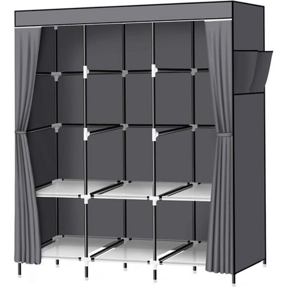61Inch Portable Wardrobe with 3 Hanging Rods and 6 Storage Shelves, Grey - Picture 5 of 6